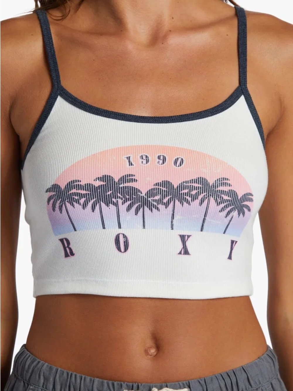 Roxy White Ribbed Crop Tank with Navy Trim and Sunset Palm Print